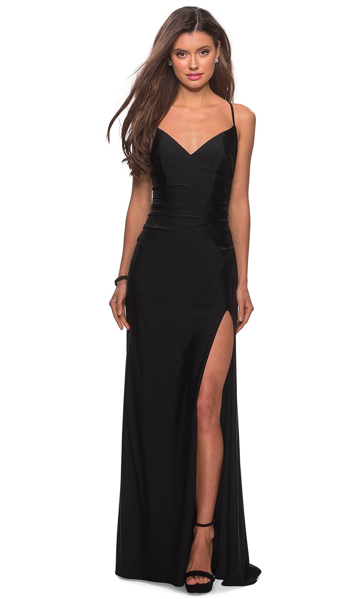La Femme - 28206 Long Crisscross Strapped High Slit Sheath Gown Evening Dresses 00 / Black