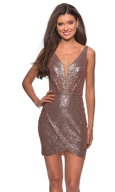 La Femme - 28218 Short Sequined Metallic Faux Wrap Dress Cocktail Dresses