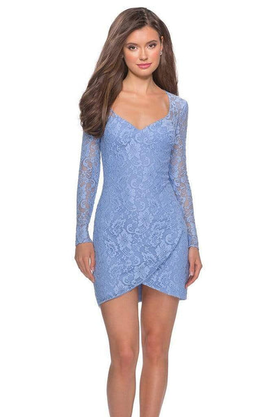 La Femme - 28232 Tulip Hem Fitted Lace Cocktail Dress Cocktail Dresses 00 / Cloud Blue