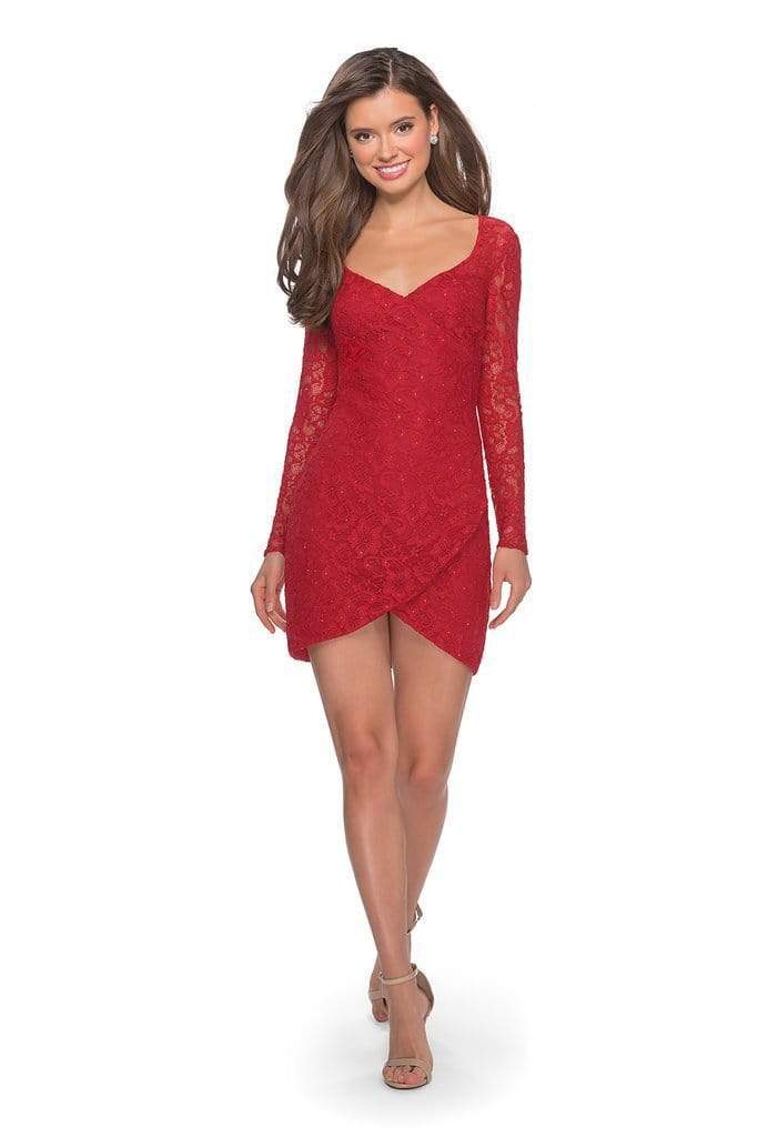 tulip hem lace cocktail dress La Femme - 28232 Tulip Hem Fitted Lace Cocktail Dress 0 / Black