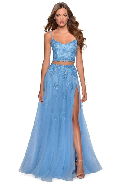 La Femme - 28271 Two Piece Floral Embroidered Tulle A-line Gown Prom Dresses 00 / Cloud Blue