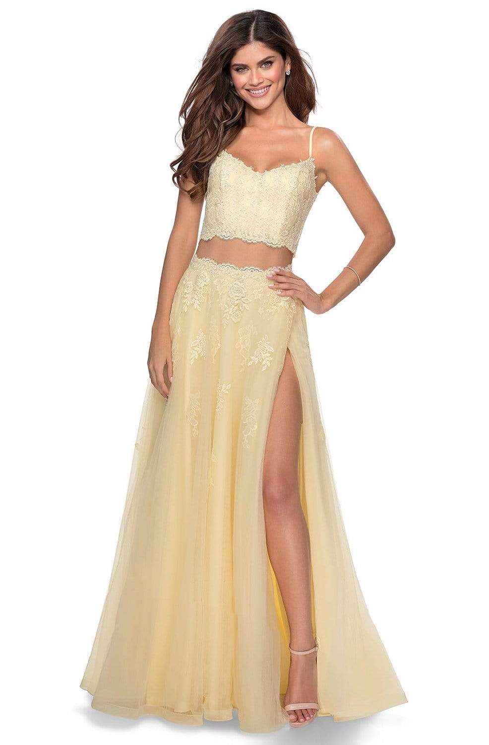 La Femme - 28271 Two Piece Floral Embroidered Tulle A-line Gown Prom Dresses 00 / Pale Yellow