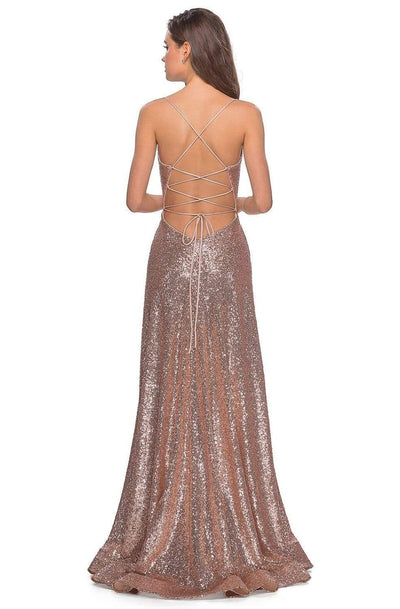 La Femme - 28276 Sequined Open Crisscross Back Dress with Slit Prom Dresses