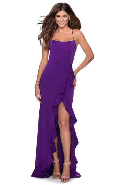 La Femme - 28294 Lace-up Open Back Ruffle High-Low Prom Dress Prom Dresses 00 / Royal Purple