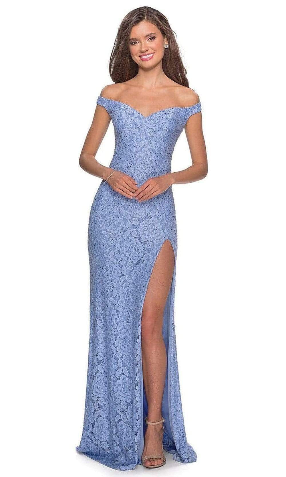 La Femme - 28301 Stretch Lace Off-Shoulder Sheath Dress With Slit Prom Dresses 00 / Cloud Blue