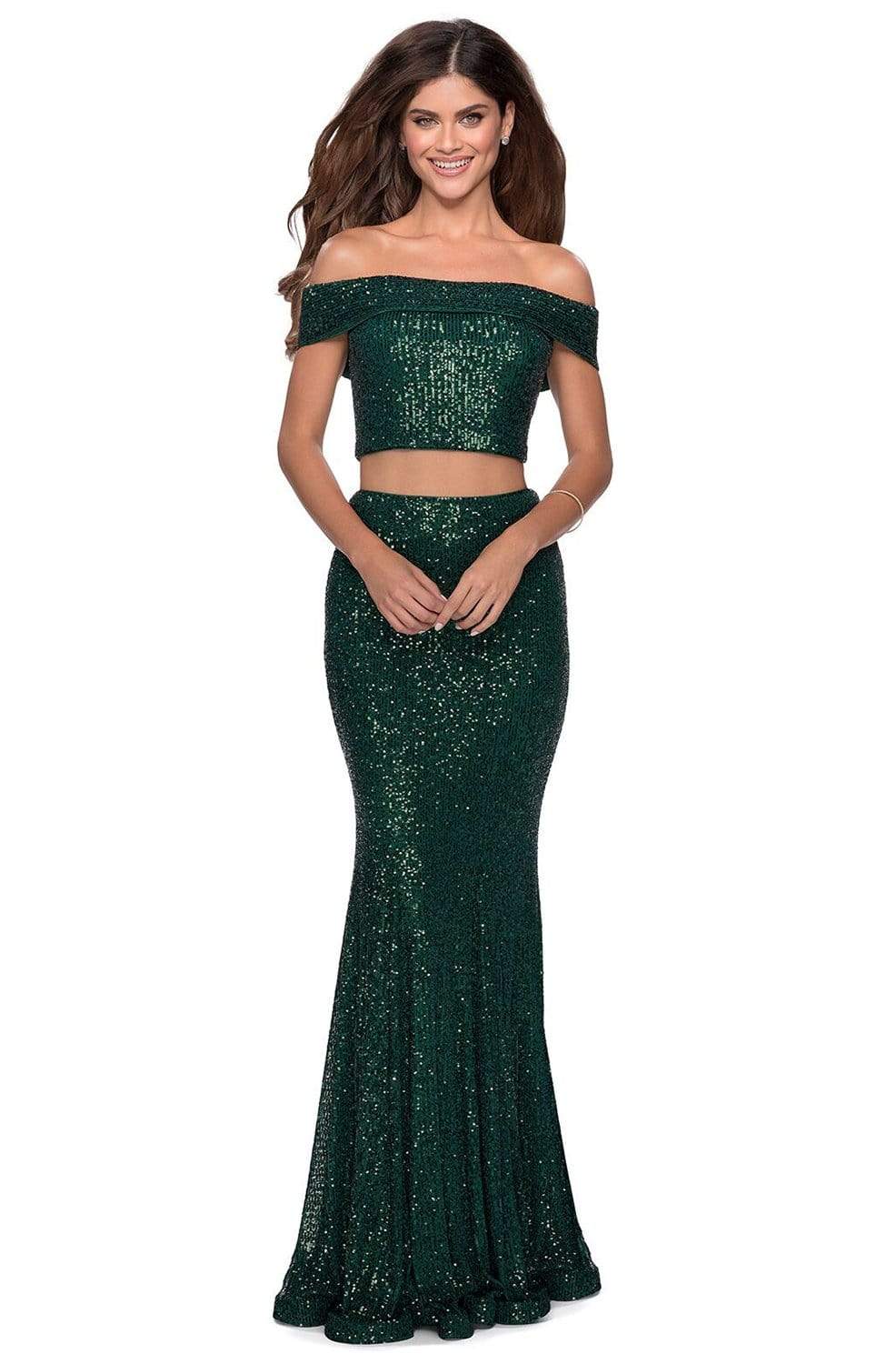 La Femme - 28425 Sequined Off-Shoulder Sheath Dress Prom Dresses 00 / Emerald