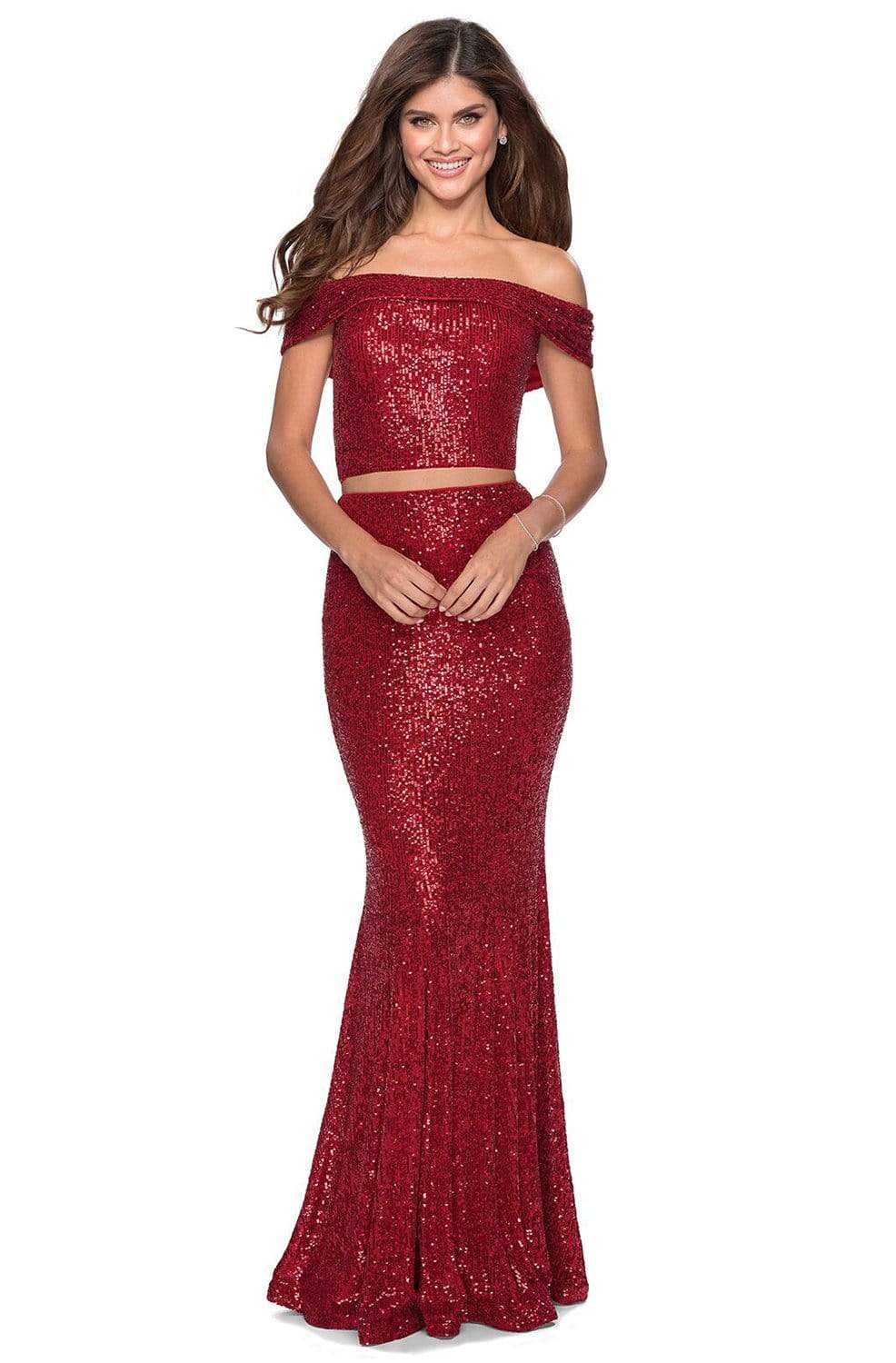 La Femme - 28425 Sequined Off-Shoulder Sheath Dress Prom Dresses 00 / Red