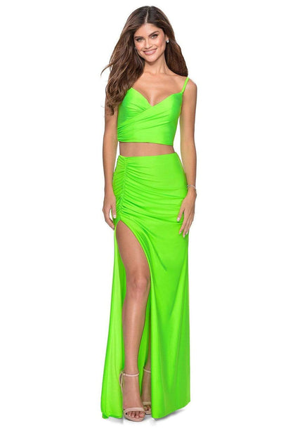 La Femme - 28472 Two-Piece Surplice V-Neck High Slit Dress Prom Dresses 00 / Neon Green