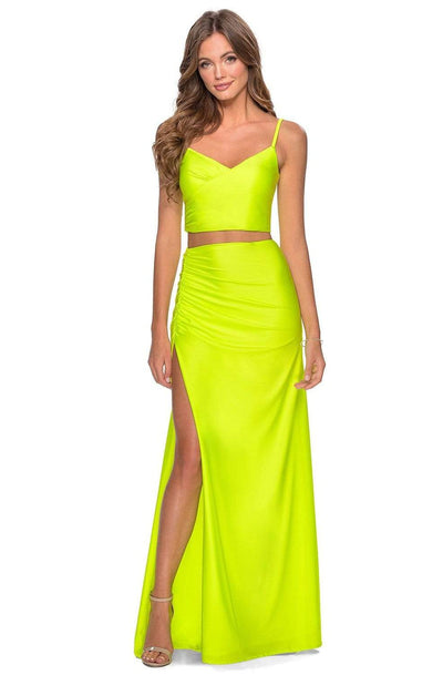 La Femme - 28472 Two-Piece Surplice V-Neck High Slit Dress Prom Dresses 00 / Neon Yellow
