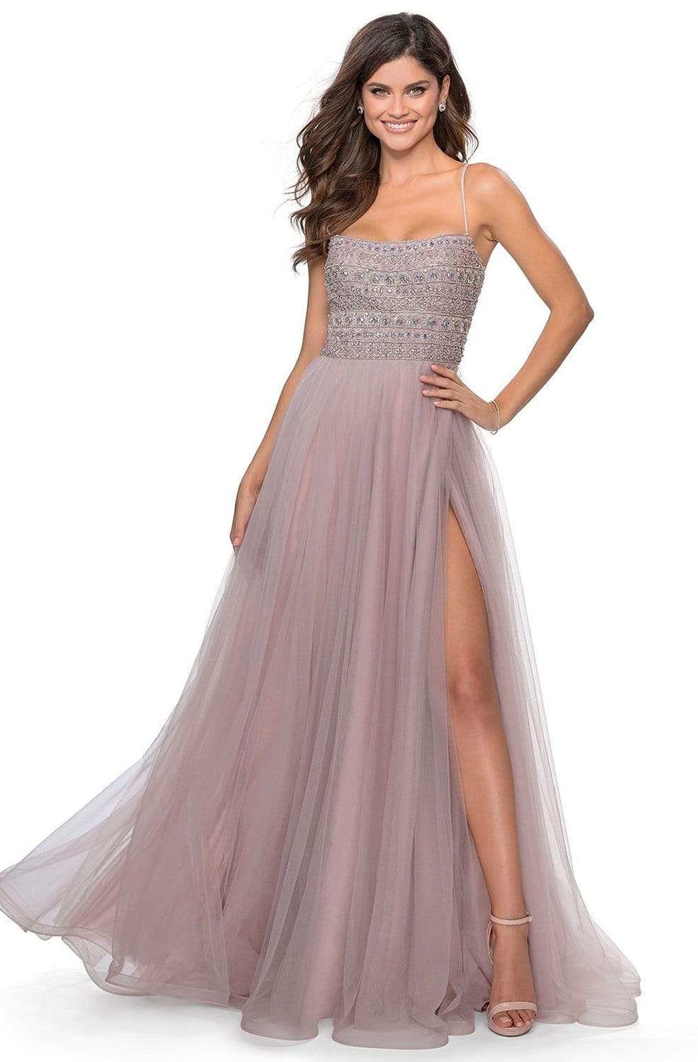 La Femme - 28535 Strappy Beaded A-Line Evening Dress Evening Dresses 00 / Mauve