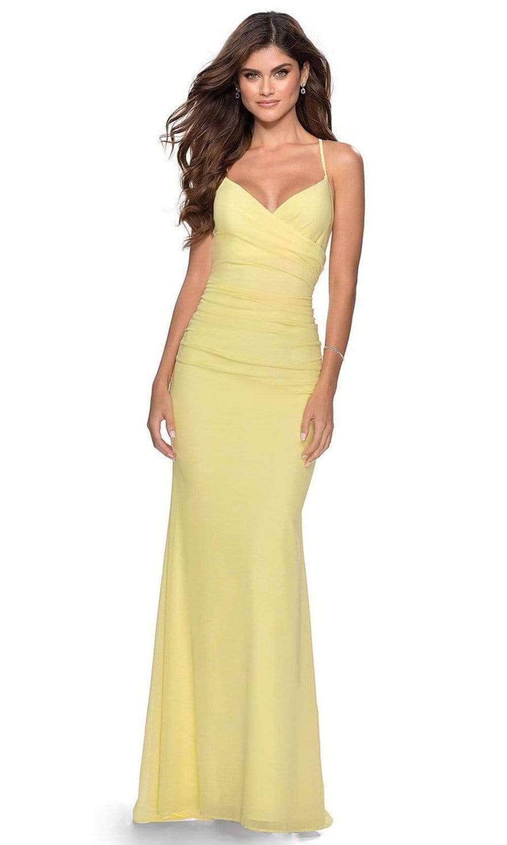 La Femme - 28541 Plunging Crisscross Back Ruched Sheath Dress Evening Dresses 00 / Pale Yellow