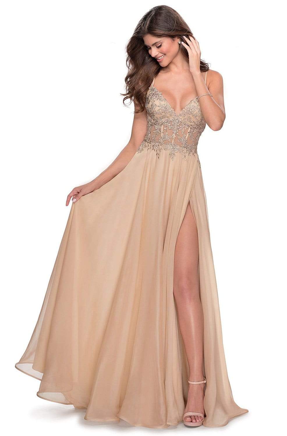 La Femme - 28543 Embellished V-neck A-line Dress Evening Dresses 00 / Nude