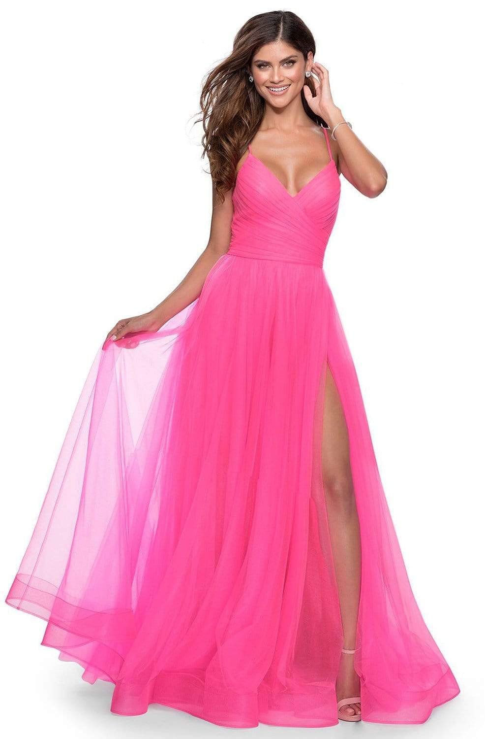la femme hot pink dress La Femme Neon Pink Long Open-Back Prom Dress -PromGirl Neon Pink / 4