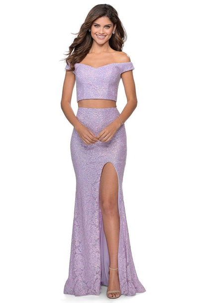 La Femme - 28565 Beaded Lace Off Shoulder High Slit Dress Prom Dresses 00 / Lavender
