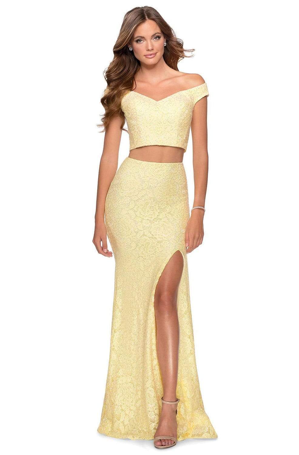 La Femme - 28565 Beaded Lace Off Shoulder High Slit Dress Prom Dresses 00 / Pale Yellow
