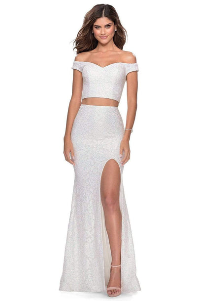 La Femme - 28565 Beaded Lace Off Shoulder High Slit Dress Prom Dresses 00 / White