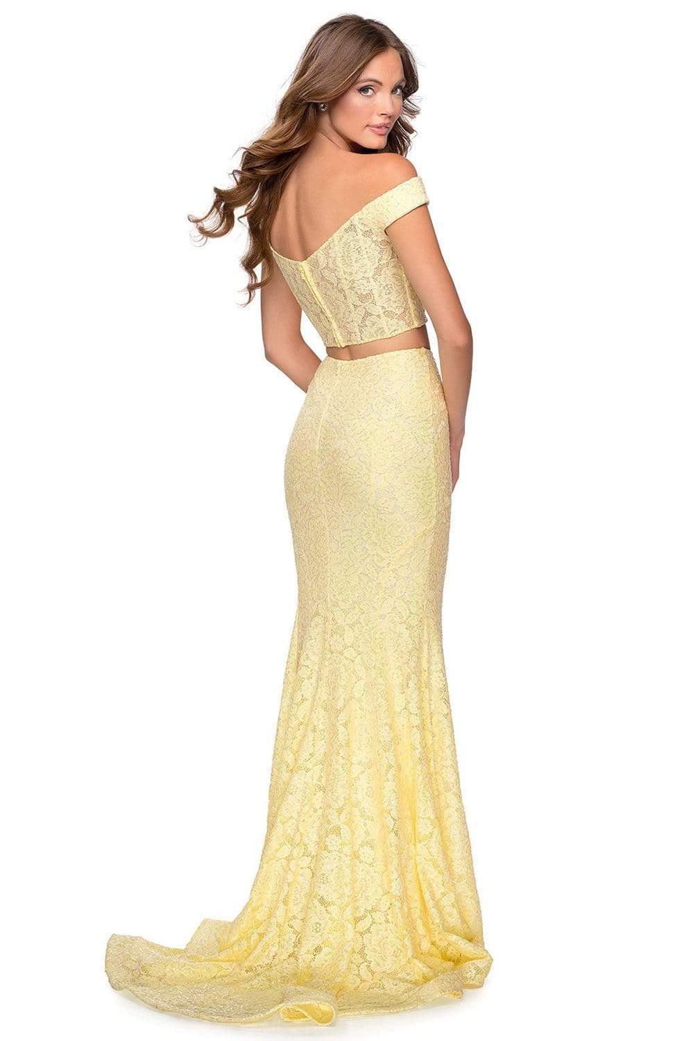 La Femme - 28565 Beaded Lace Off Shoulder High Slit Dress Prom Dresses