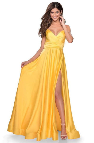 La Femme - 28571 Satin Deep V-neck A-line Gown Bridesmaid Dresses 00 / Yellow