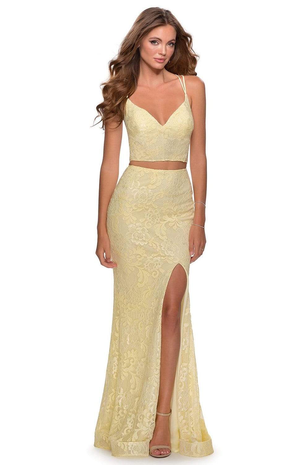 La Femme - 28590 Two Piece Lace Deep V-neck Sheath Dress Prom Dresses 00 / Pale Yellow