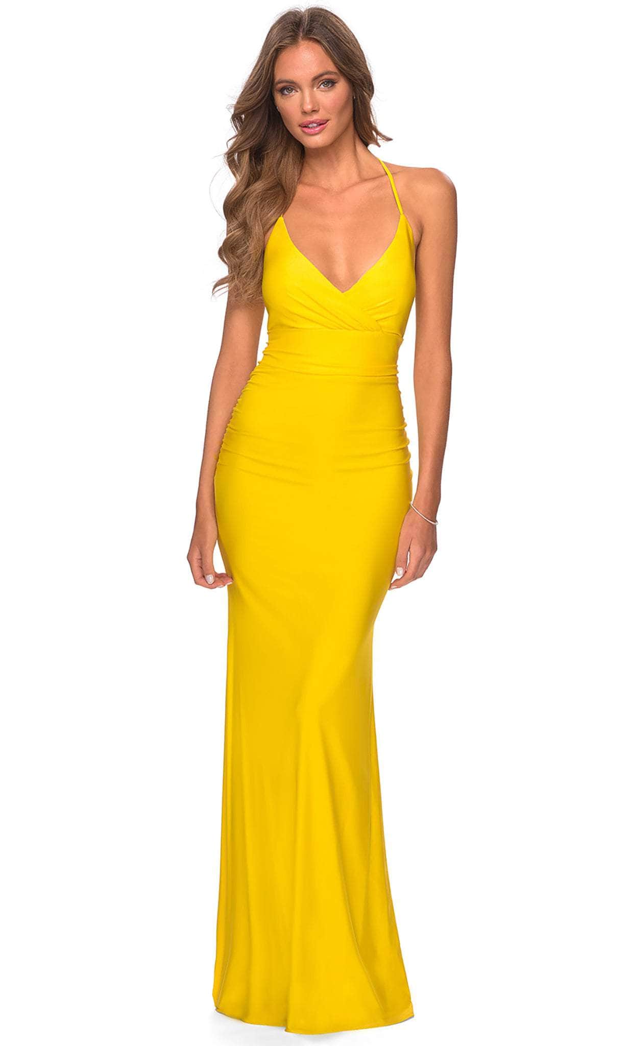 La Femme - 28593 Plunging V-neck Jersey Sheath Dress Evening Dresses 00 / Yellow
