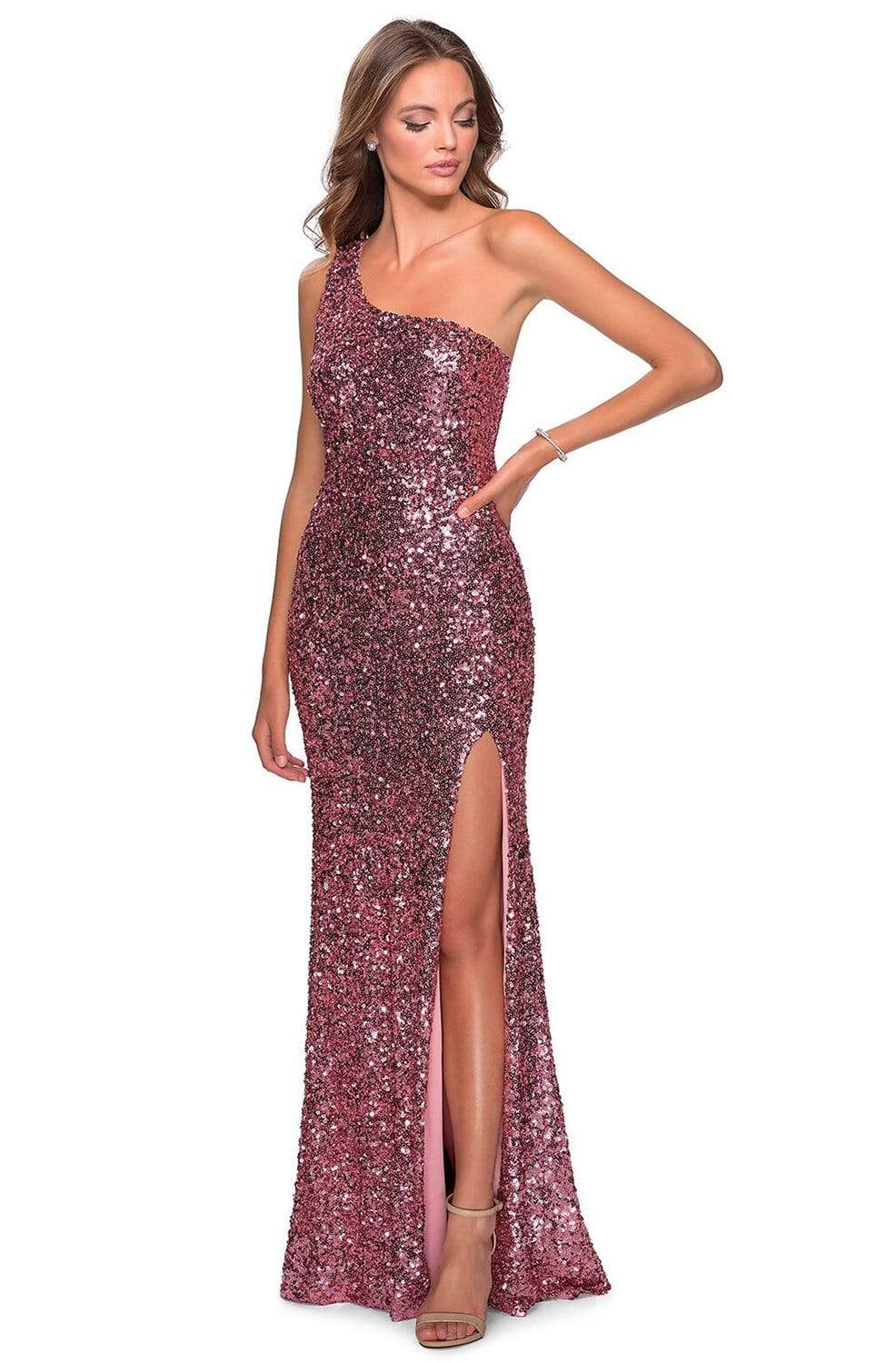 La Femme - 28596 Sequined One Shoulder Sheath Dress With Slit Evening Dresses