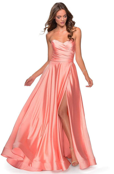 La Femme - 28608 Strapless Sweetheart Wrap Bodice Satin A-line Gown Bridesmaid Dresses 00 / Peach