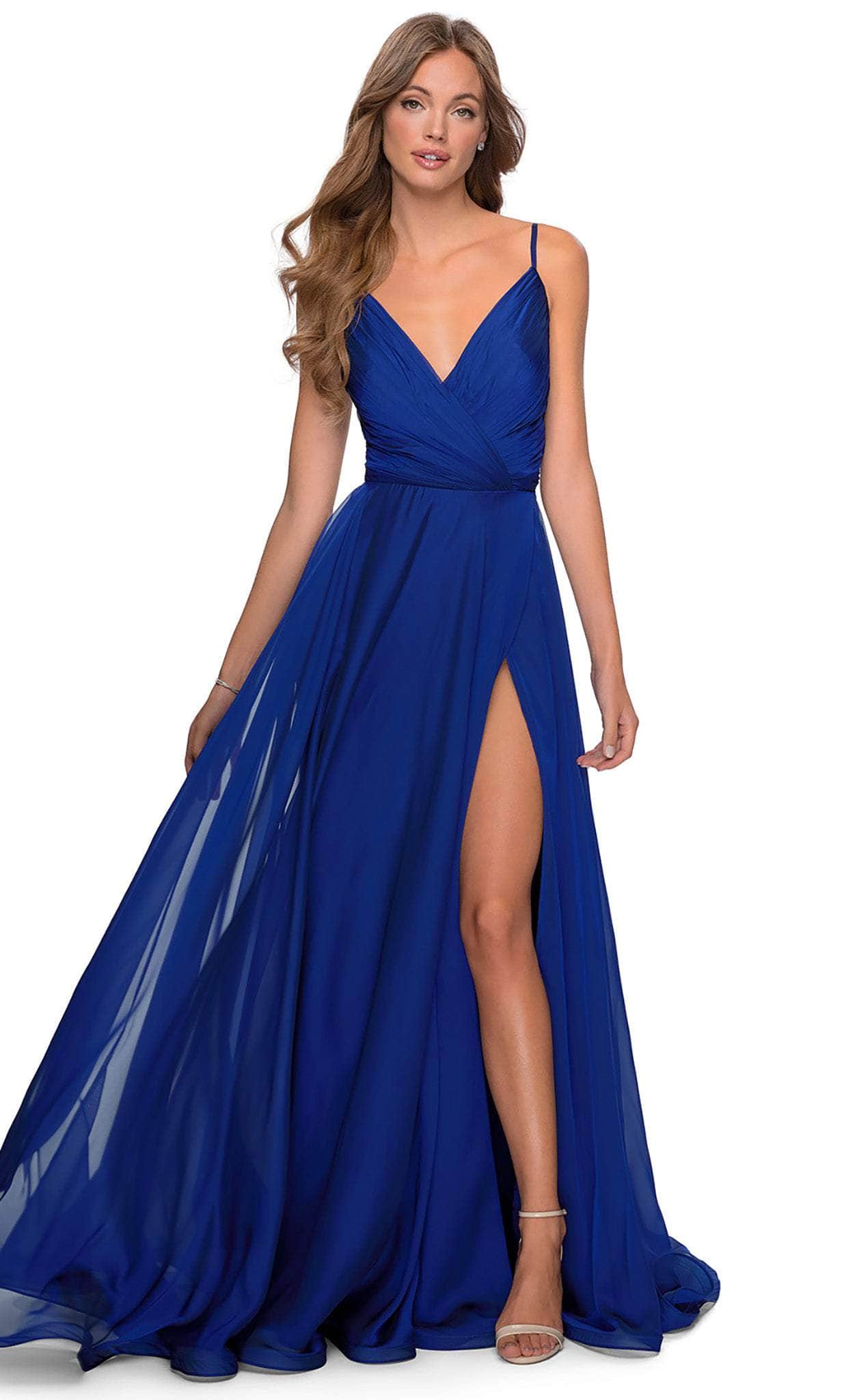 La Femme - 28611 Pleated V-Neck Chiffon High Slit Dress Bridesmaid Dresses 00 / Marine Blue