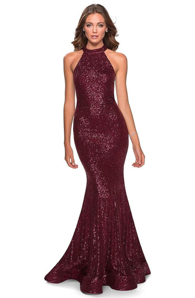 La Femme - 28612 Sequined Halter Neck Trumpet Dress Prom Dresses 00 / Burgundy