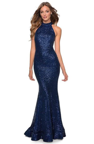 La Femme - 28612 Sequined Halter Neck Trumpet Dress Prom Dresses 00 / Navy