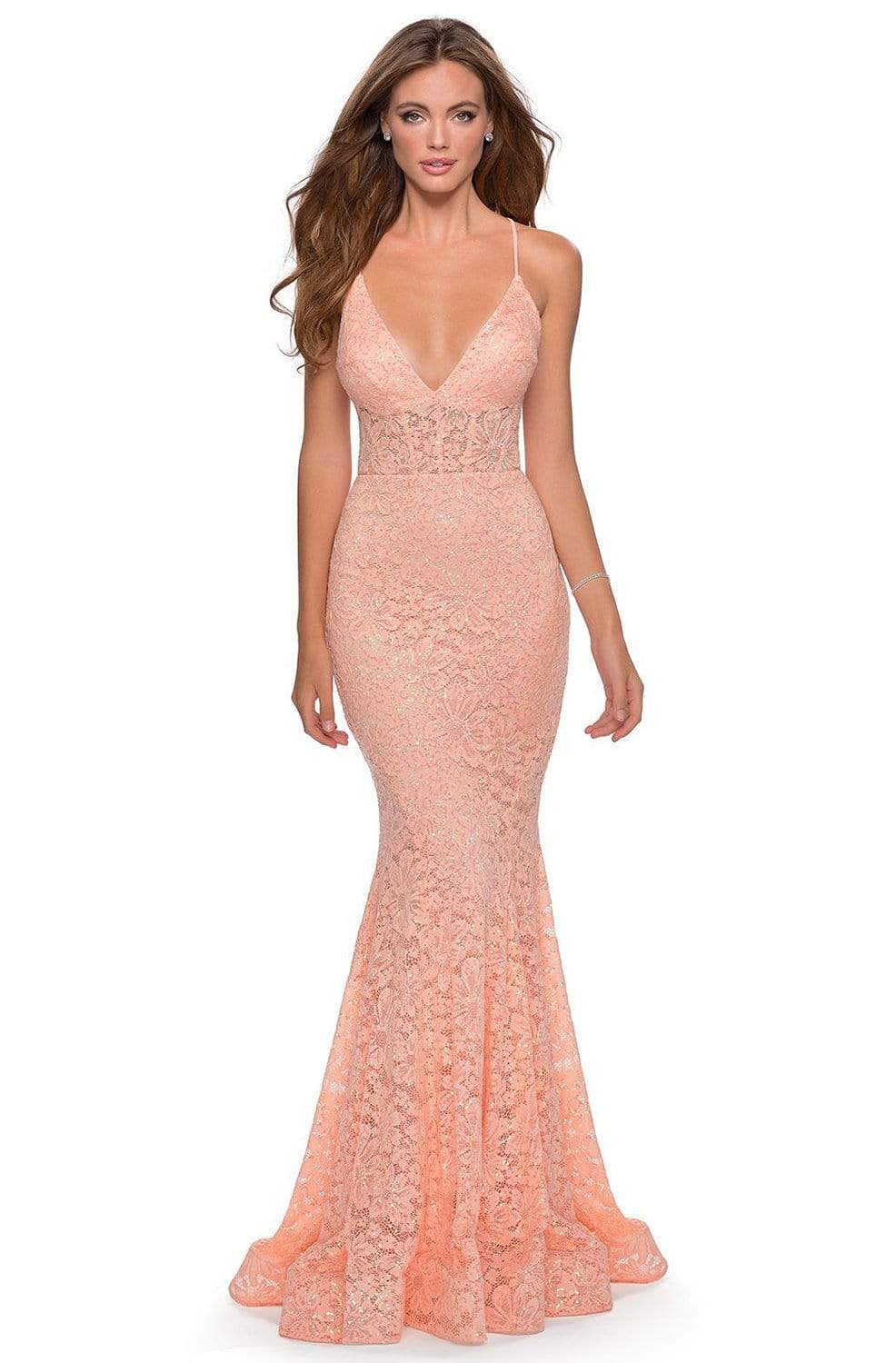 La Femme - 28647 Sequined Lace Corset Bodice Long Dress Prom Dresses 00 / Peach