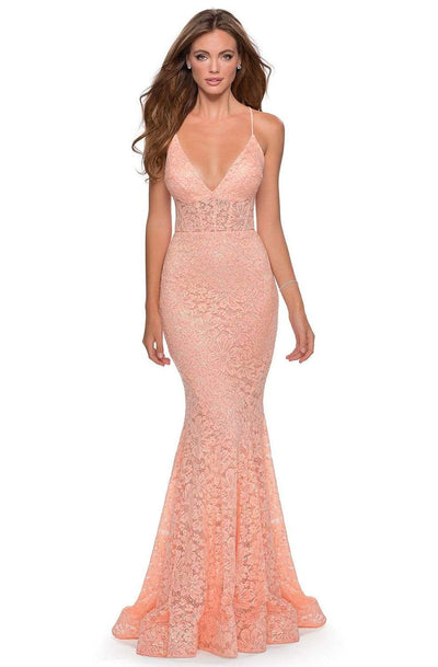 La Femme - 28647 Sequined Lace Corset Bodice Long Dress Prom Dresses 00 / Peach