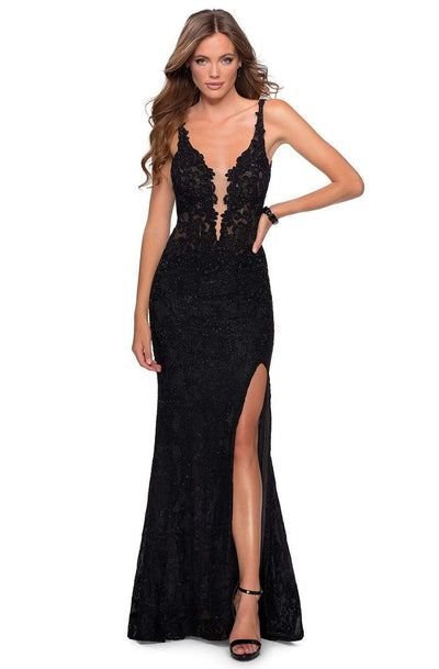 La Femme - 28648 Deep V-Neck Lace Sheath Dress Prom Dresses 00 / Black