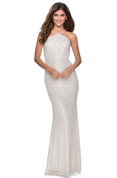 La Femme - 28650 Backless Pyramid Neck Sequin Evening Gown Evening Dresses 00 / White