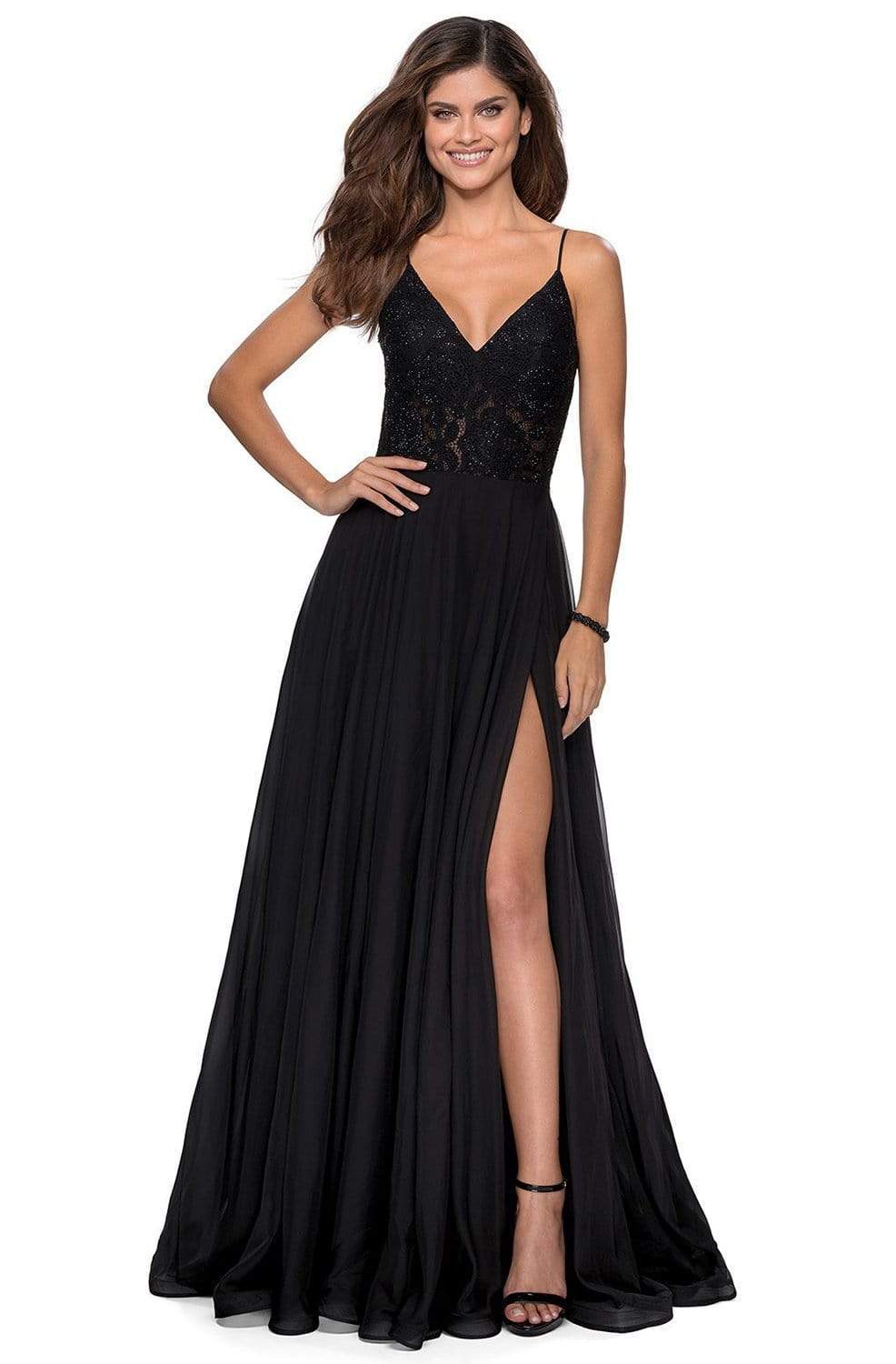 La Femme - 28664 Sequined Lace Chiffon High Slit Dress Prom Dresses 00 / Black