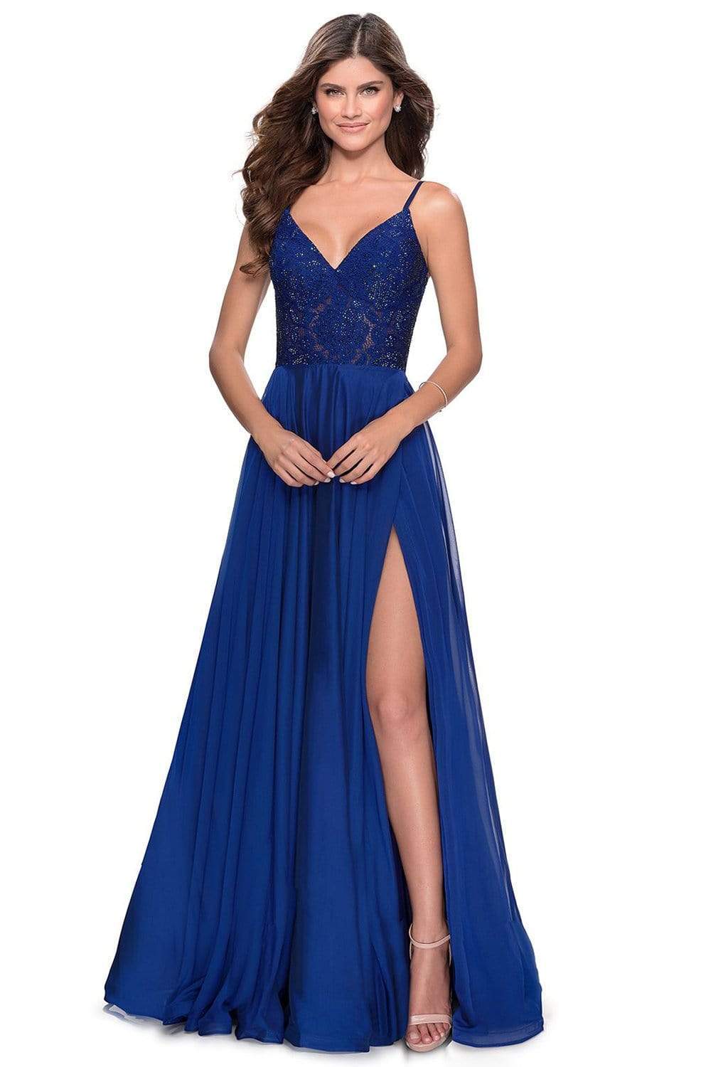 La Femme - 28664 Sequined Lace Chiffon High Slit Dress Prom Dresses 00 / Marine Blue