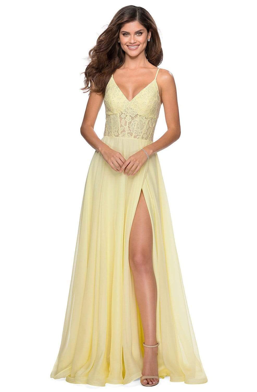 La Femme - 28664 Sequined Lace Chiffon High Slit Dress Prom Dresses 00 / Pale Yellow