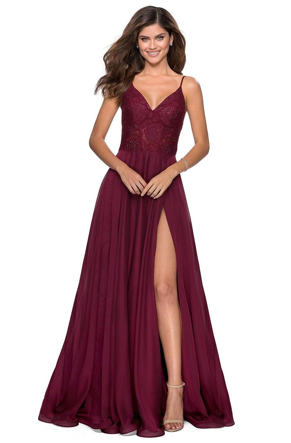La Femme - 28664 Sequined Lace Chiffon High Slit Dress Prom Dresses 00 / Wine