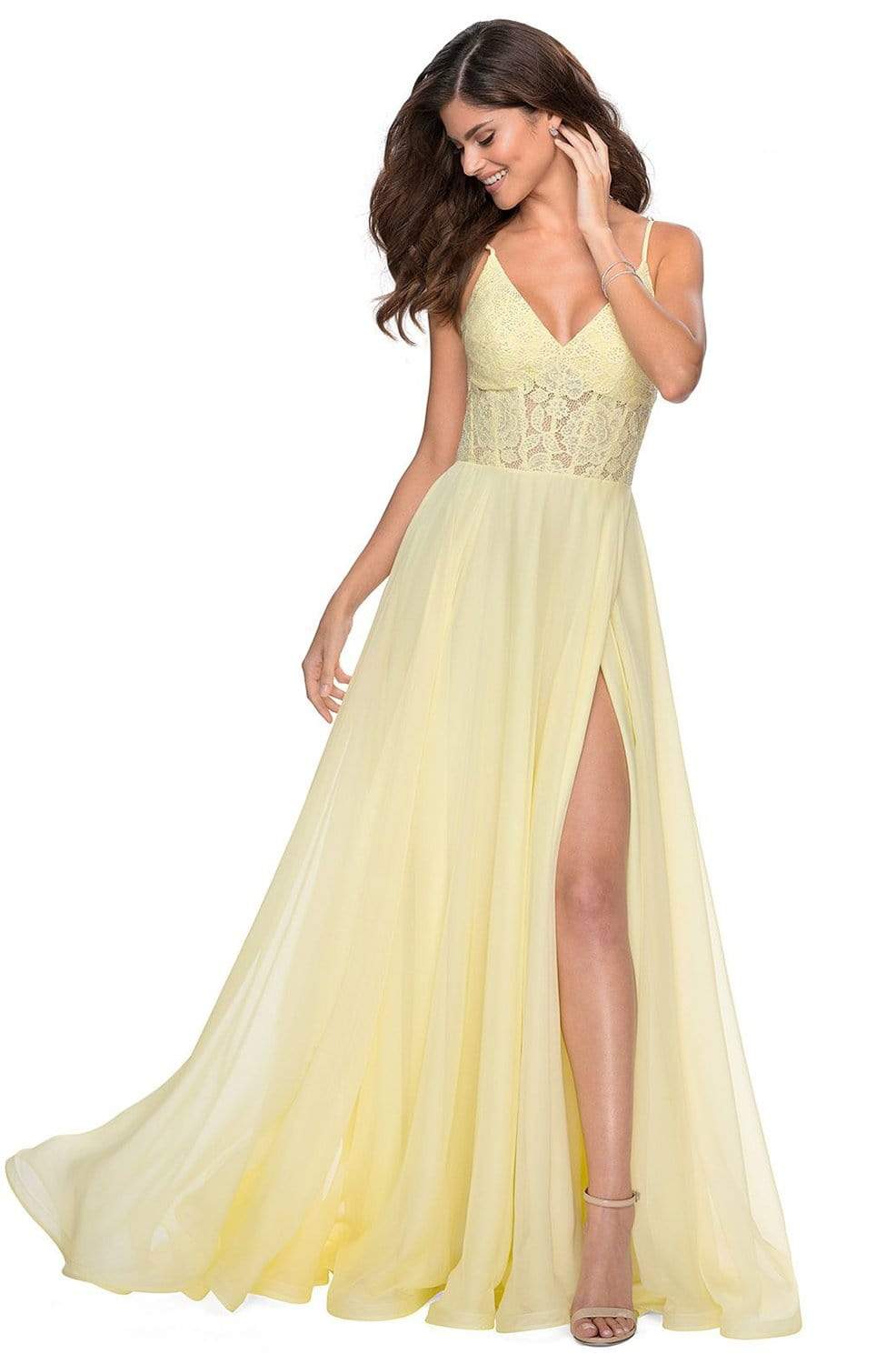 La Femme - 28664 Sequined Lace Chiffon High Slit Dress Prom Dresses