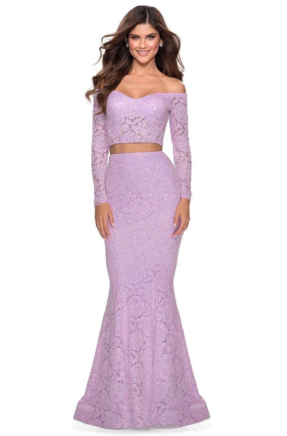 La Femme - 28666 Long Sleeve Corset Bodice Lace Mermaid Dress Evening Dresses 00 / Lavender