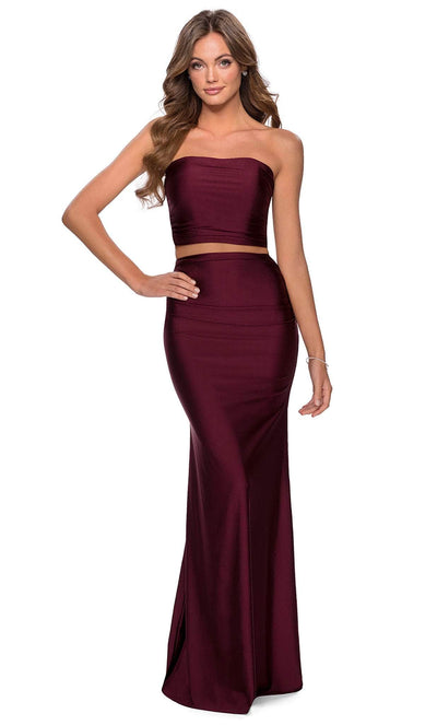 La Femme - 28703 Two Piece Strapless Tube Crop Top Long Fitted Dress Prom Dresses 00 / Dark Berry