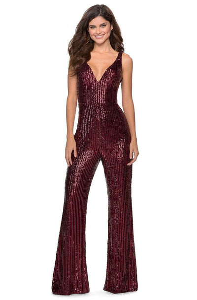 La Femme - 28722 Sequined Deep V-neck Jumpsuit Evening Dresses 00 / Wine