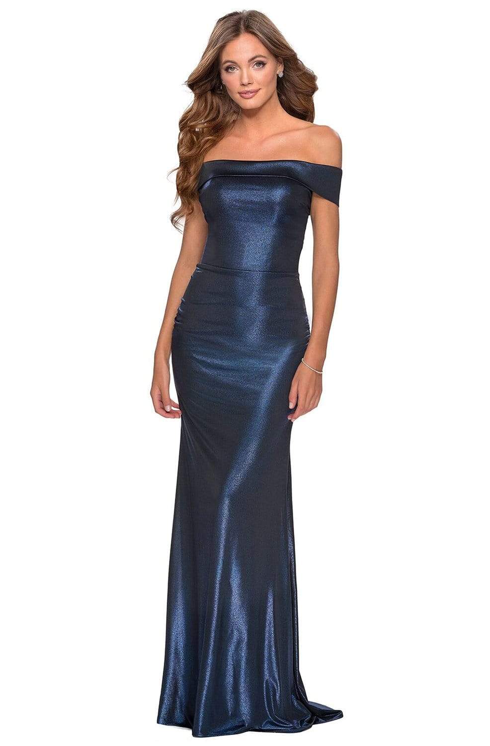 La Femme - 28740 Off-Shoulder Metallic Sheath Dress Evening Dresses 00 / Navy