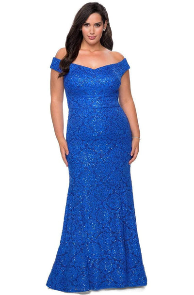 La Femme - 28883 Off Shoulder Beaded Allover Lace Mermaid Gown Prom Dresses 12W / Royal Blue