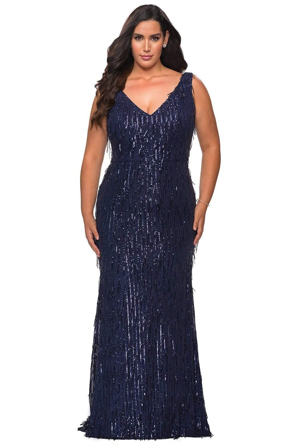 La Femme - 28946 Sleeveless Bead-Fringed Sheath Gown Evening Dresses 12W / Navy