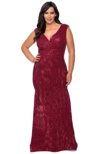 La Femme - 28962 Cap Sleeve Sequined Faux Wrap Gown Evening Dresses 12W / Wine