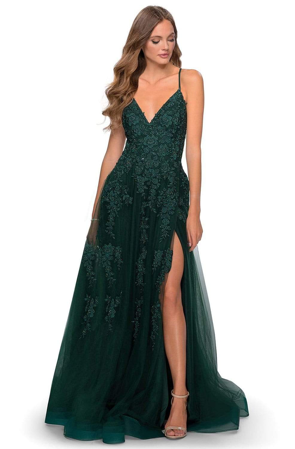 La Femme - 28985 Floral Lace Embroidered Deep V-neck A-line Gown Prom Dresses