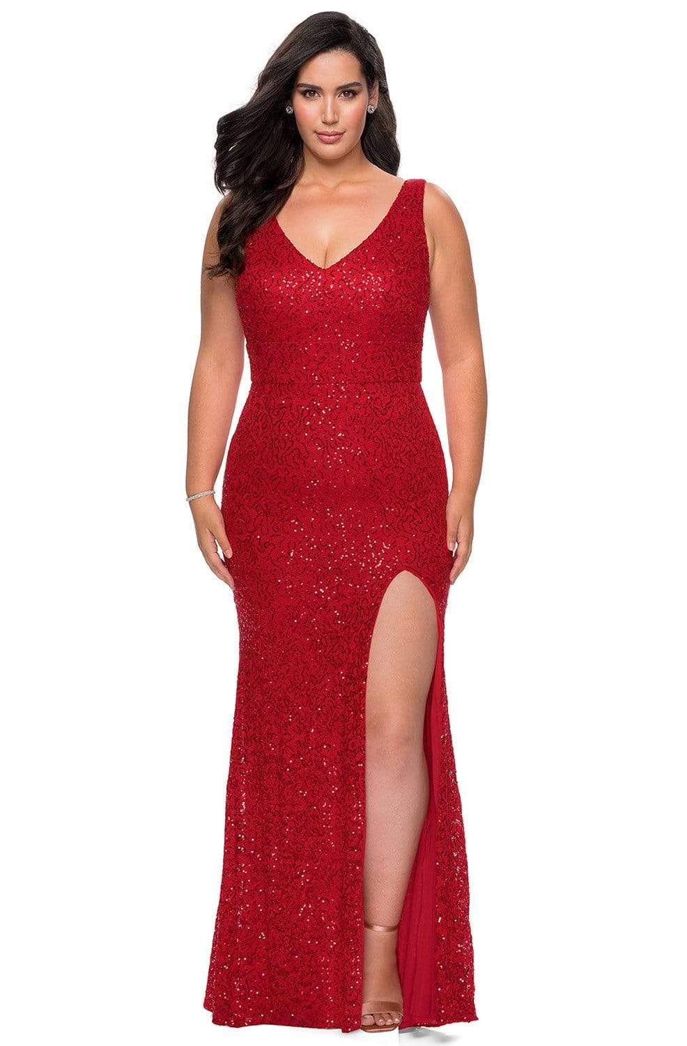 La Femme - 29001 Sequined V-Neck Sheath Dress Evening Dresses 12W / Red