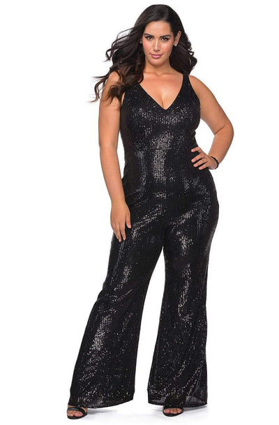 La Femme - 29003 Sequined Plunging V-neck Jumpsuit Evening Dresses 12W / Black