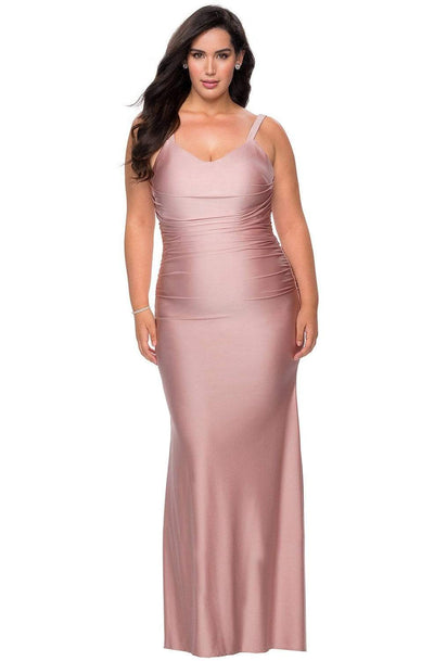 La Femme - 29005 V-neck Ruched Jersey Sheath Dress Evening Dresses 12W / Mauve