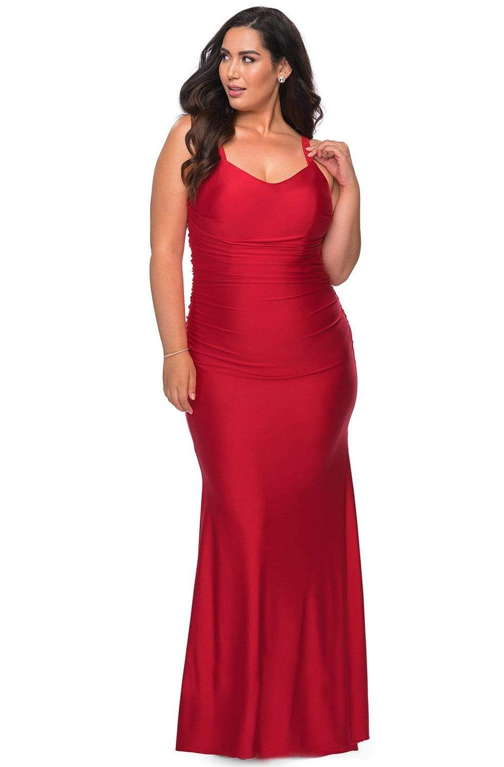 La Femme - 29005 V-neck Ruched Jersey Sheath Dress Evening Dresses